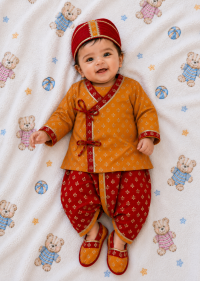 Boys Jamna Set - Orange Gold-Print Angarkha with Red Gold-Print Dhoti and Matching Jooti and Topi