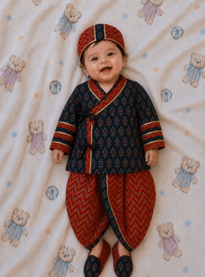 Boys Jamna Set - Dark Blue Printed Angarkha with Maroon Zigzag Dhoti and Matching Jooti and Topi
