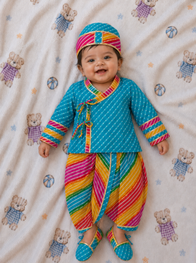 Boys Jamna Set - Blue Mothra Angarkha with Multi-coloured Leheriya Dhoti and Matching Jooti and Topi