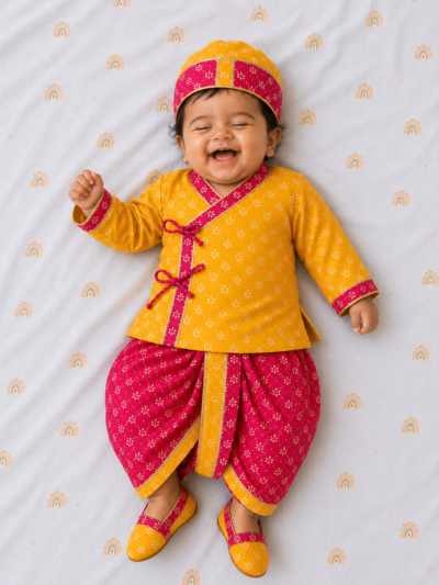 Boys Jamna Set - Orange Gold-Print Angarkha with Rani Gold-Print Dhoti and Matching Jooti and Topi
