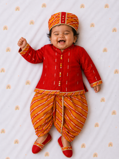 Boys Jamna Set - Red PS Angarkha with Yellow and Orange Leheriya Dhoti and Matching Jooti and Topi