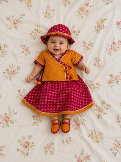 Girls Jamna Set - Orange Gold-Print Angarkha with Rani Gold-Print Ghagra and Matching  Jooti and Topi