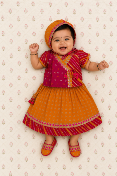 Girls Jamna Set - Pink Bandhej and Leheriya Angarkha with Orange Gold-Print Ghagra and Matching Jooti and Topi