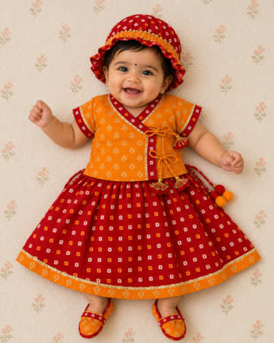 Girls Jamna Set - Orange Gold-Print Angarkha with Red Bandhej Ghagra and Matching Jooti and Topi