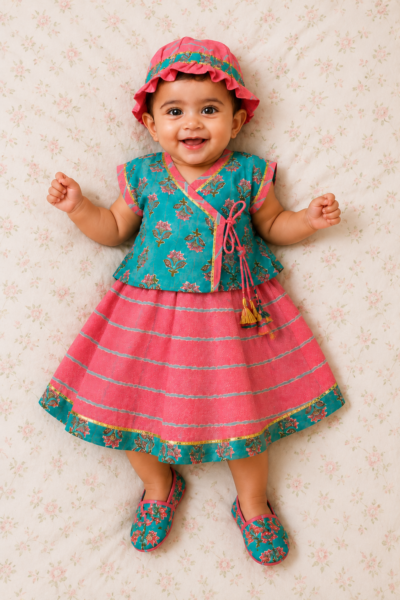 Girls Jamna Set - Ferozi Printed Angarkha with Pink Leheriya Ghagra and Matching Jooti and Topi
