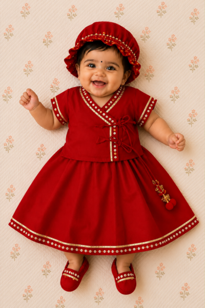 Girls Jamna Set - Red PS Angarkha with Red PS Ghagra and Matching Jooti and Topi